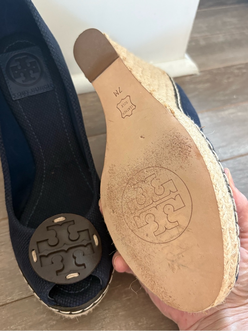 Tory Burch Navy Canvas Espadrille Wedge Peep Toe Heels Size 7M - Picture 5 of 7